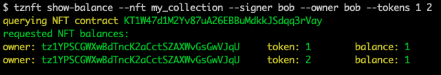THe results of the show-balance command, with two NFTs in Bob&#39;s account